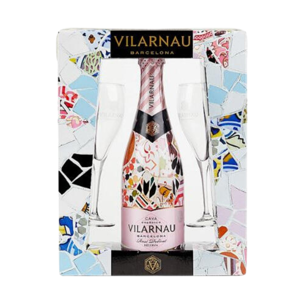 Vilarnau BIO Cava Brut Rosé met sleeve Trencadis Gaudi, 0,75 ltr. Giftpack met 2 glazen
