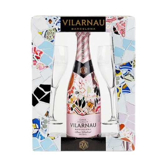 Vilarnau BIO Cava Brut Rosé met sleeve Trencadis Gaudi, 0,75 ltr. Giftpack met 2 glazen